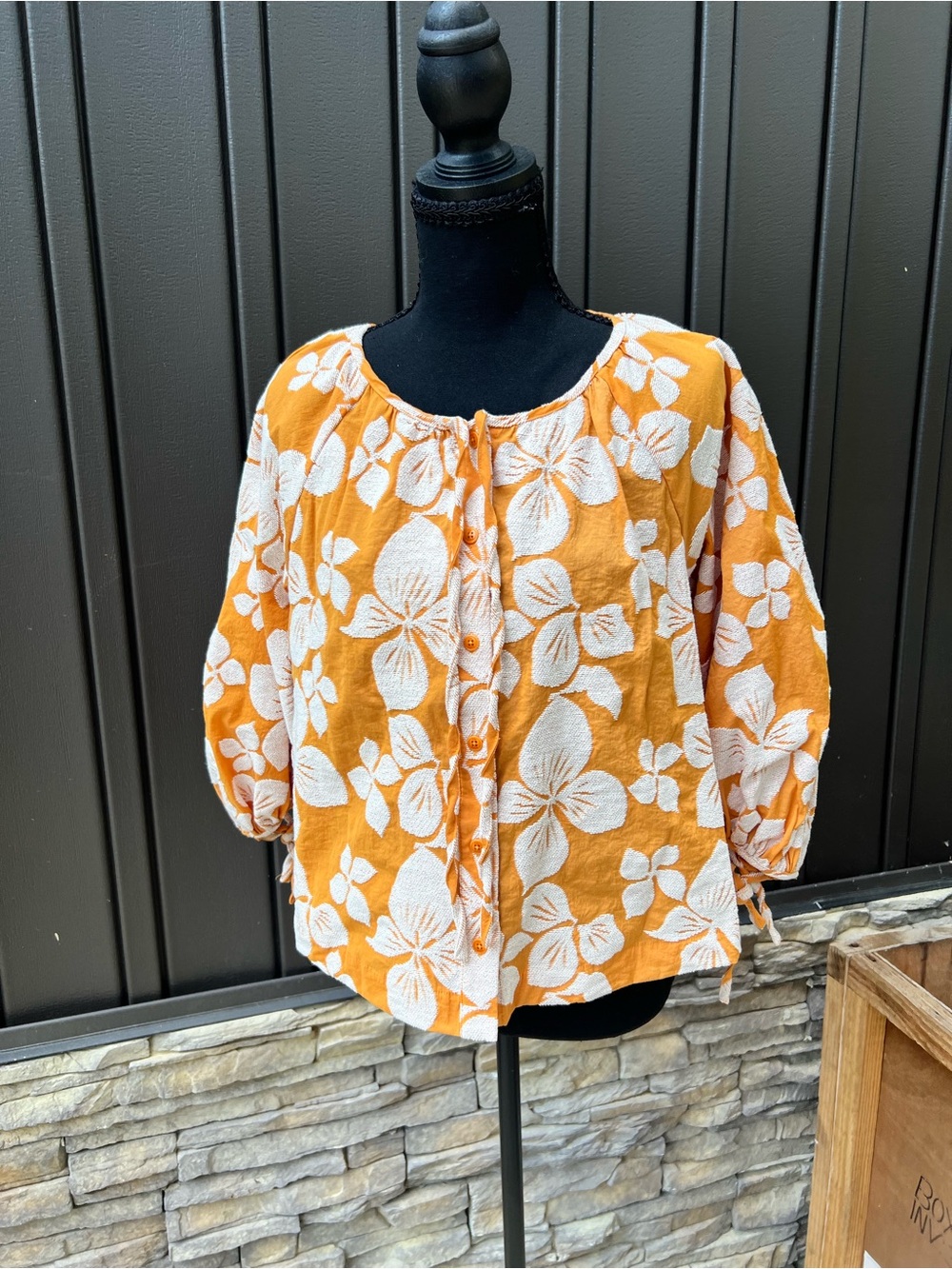 Ted Baker Orange w/ Embroidered White Floral Button-Front Peasant Blouse sz S